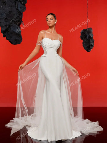 Spaghetti Strap Faux Pearl Minimalist Chiffon Mermaid Wedding Dress For Bride