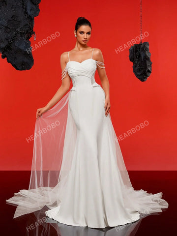 Spaghetti Strap Faux Pearl Minimalist Chiffon Mermaid Wedding Dress For Bride