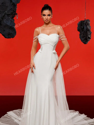 Spaghetti Strap Faux Pearl Minimalist Chiffon Mermaid Wedding Dress For Bride