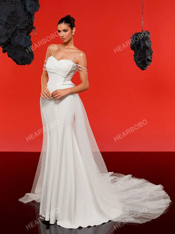 Spaghetti Strap Faux Pearl Minimalist Chiffon Mermaid Wedding Dress For Bride