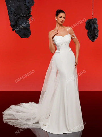 Spaghetti Strap Faux Pearl Minimalist Chiffon Mermaid Wedding Dress For Bride