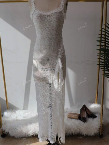 Spaghetti Strap Lace Net Sheer Ruched High Slit Open Back Dress