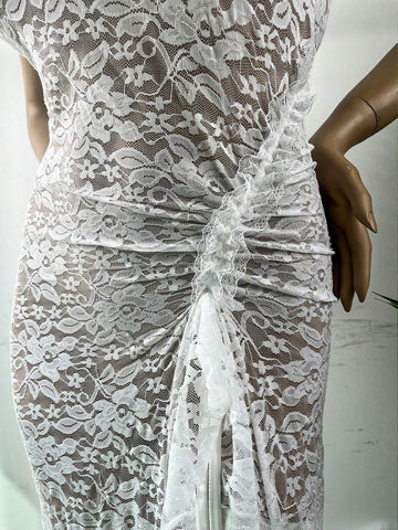 Spaghetti Strap Lace Net Sheer Ruched High Slit Open Back Dress