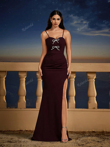 Spaghetti Strap Rhinestone Bow Tie Fish Tail Bridesmaid Dress