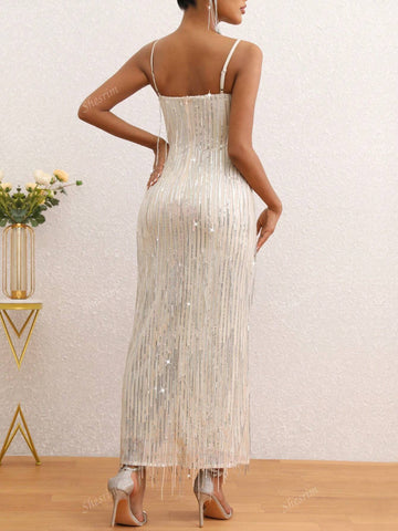 Spaghetti Strap Sequin Tassel Fringe Fitted Maxi Slip Dress