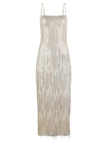 Spaghetti Strap Sequin Tassel Fringe Fitted Maxi Slip Dress