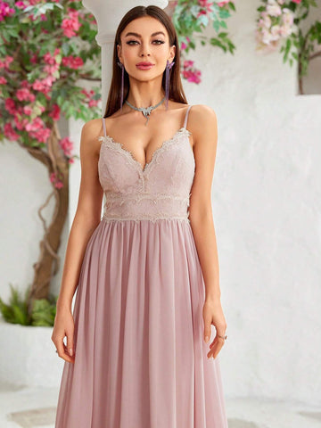 Spaghetti Strap V-neck Lace Eyelash Lace Splicing Chiffon A-hem Bridesmaid Dress