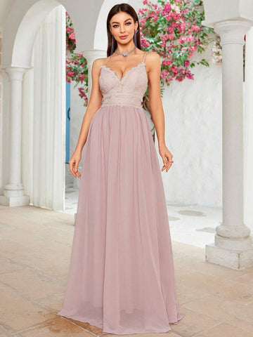 Spaghetti Strap V-neck Lace Eyelash Lace Splicing Chiffon A-hem Bridesmaid Dress