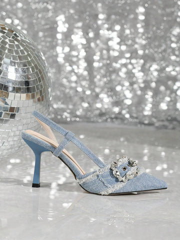 Sparkling Rhinestone Buckle Strap, White Fringe Pointed Toe Party/Wedding Evening Dress Stilettos,