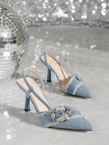 Sparkling Rhinestone Buckle Strap, White Fringe Pointed Toe Party/Wedding Evening Dress Stilettos,