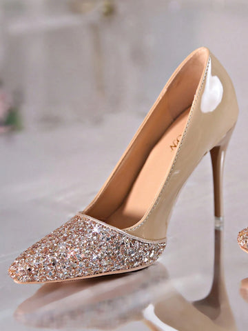 Sparkling Rhinestone Colorblock Pointed Toe Slip-On High Heel Pumps,