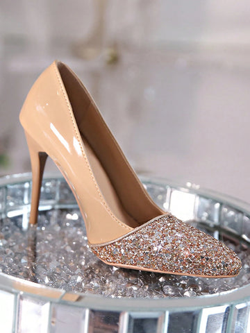 Sparkling Rhinestone Colorblock Pointed Toe Slip-On High Heel Pumps,