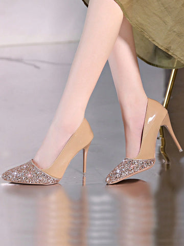 Sparkling Rhinestone Colorblock Pointed Toe Slip-On High Heel Pumps,