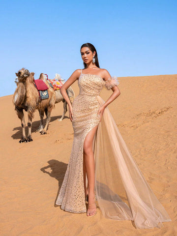 Sparkling Sequins Sheer Overlay Lace-Up Back Evening Dress