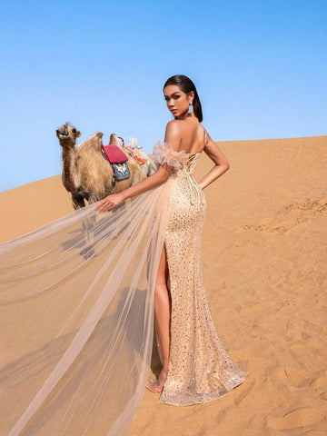 Sparkling Sequins Sheer Overlay Lace-Up Back Evening Dress