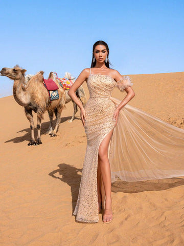 Sparkling Sequins Sheer Overlay Lace-Up Back Evening Dress