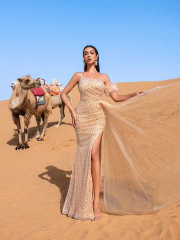 Sparkling Sequins Sheer Overlay Lace-Up Back Evening Dress