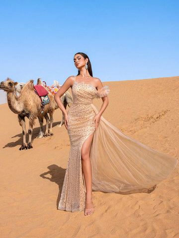 Sparkling Sequins Sheer Overlay Lace-Up Back Evening Dress