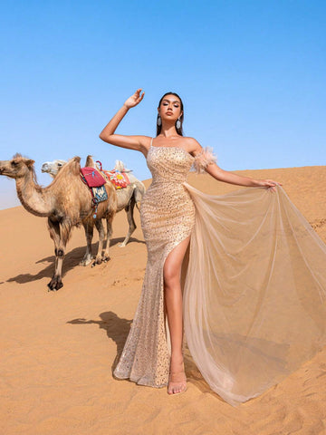 Sparkling Sequins Sheer Overlay Lace-Up Back Evening Dress