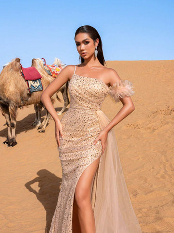 Sparkling Sequins Sheer Overlay Lace-Up Back Evening Dress