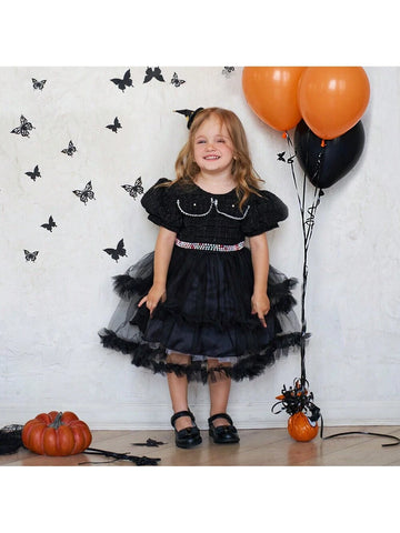 Sparkling Young Girl Halloween Outfit Black Tutu Tulle Party Dress Girls Halloween Costume Fall Dress