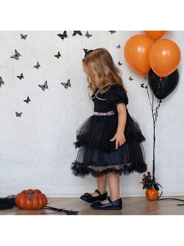 Sparkling Young Girl Halloween Outfit Black Tutu Tulle Party Dress Girls Halloween Costume Fall Dress