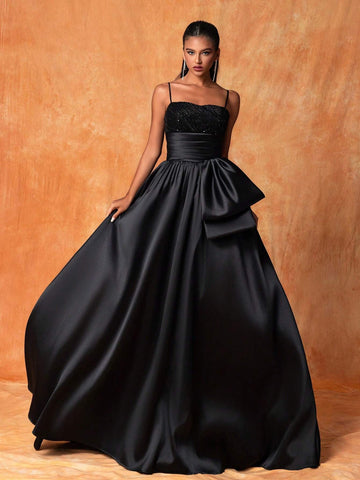 Sparkly Bowknot Decorated High-Low Hem Spaghetti Strap Evening Dress