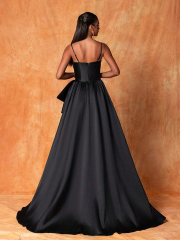 Sparkly Bowknot Decorated High-Low Hem Spaghetti Strap Evening Dress