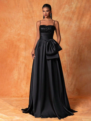 Sparkly Bowknot Decorated High-Low Hem Spaghetti Strap Evening Dress