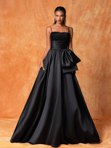 Sparkly Bowknot Decorated High-Low Hem Spaghetti Strap Evening Dress