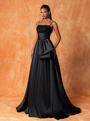 Sparkly Bowknot Decorated High-Low Hem Spaghetti Strap Evening Dress