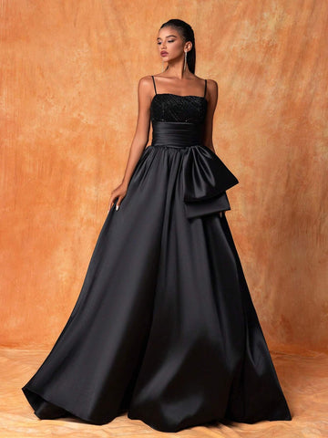Sparkly Bowknot Decorated High-Low Hem Spaghetti Strap Evening Dress