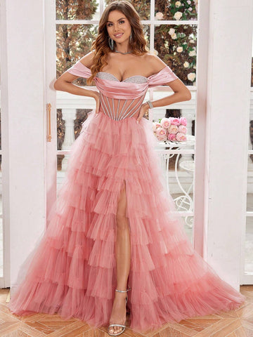 Sparkly Crystal Formal Evening Gowns With Puffy Slirt High Slit Ball Gowns Prom Party Gowns For Women