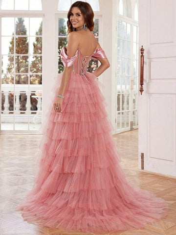 Sparkly Crystal Formal Evening Gowns With Puffy Slirt High Slit Ball Gowns Prom Party Gowns For Women