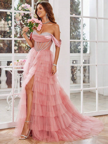 Sparkly Crystal Formal Evening Gowns With Puffy Slirt High Slit Ball Gowns Prom Party Gowns For Women