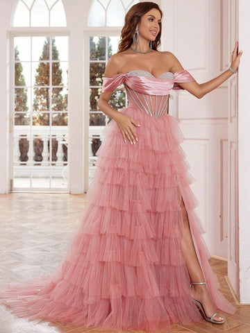 Sparkly Crystal Formal Evening Gowns With Puffy Slirt High Slit Ball Gowns Prom Party Gowns For Women