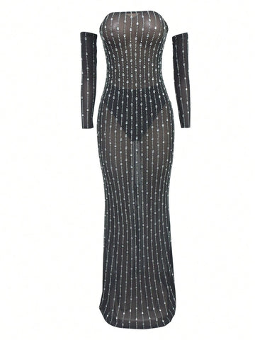 Sparkly Rhinestone Prom Long Dresses Strapless See-Through Mesh Two Piece Evening Party Dress, Elegant Dress