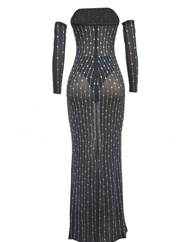Sparkly Rhinestone Prom Long Dresses Strapless See-Through Mesh Two Piece Evening Party Dress, Elegant Dress
