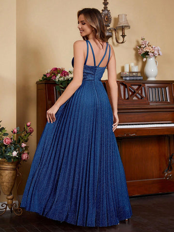 Sparkly Royal Blue Keyhole Neck Pleated Formal Evening Dresses For Women Halter Zip Back A-Line Bridemsaid Prom Party Gowns New Arrival