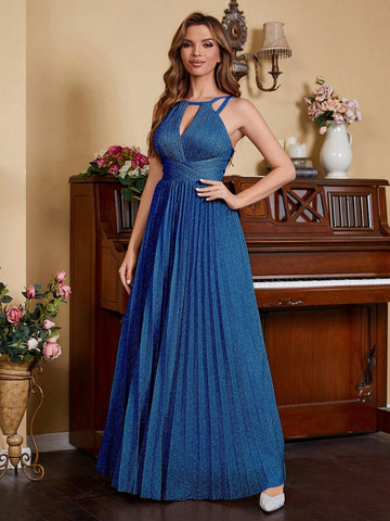 Sparkly Royal Blue Keyhole Neck Pleated Formal Evening Dresses For Women Halter Zip Back A-Line Bridemsaid Prom Party Gowns New Arrival