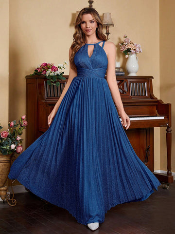 Sparkly Royal Blue Keyhole Neck Pleated Formal Evening Dresses For Women Halter Zip Back A-Line Bridemsaid Prom Party Gowns New Arrival