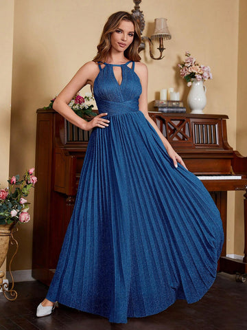 Sparkly Royal Blue Keyhole Neck Pleated Formal Evening Dresses For Women Halter Zip Back A-Line Bridemsaid Prom Party Gowns New Arrival