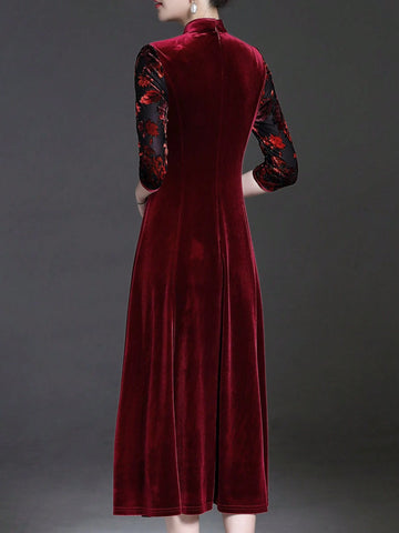 Sparkly Sequins Embroidered Stand Collar Dress, Elegant 3/4 Sleeve A-Line Midi Dress, Slightly Stretchy Fitted, Luxurious Vibe, Wedding, Gala, Social Event, Host Outfit, Cocktail Dress, Suitable For Party And Banquet, Women's Apparel