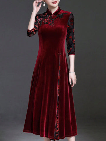 Sparkly Sequins Embroidered Stand Collar Dress, Elegant 3/4 Sleeve A-Line Midi Dress, Slightly Stretchy Fitted, Luxurious Vibe, Wedding, Gala, Social Event, Host Outfit, Cocktail Dress, Suitable For Party And Banquet, Women's Apparel