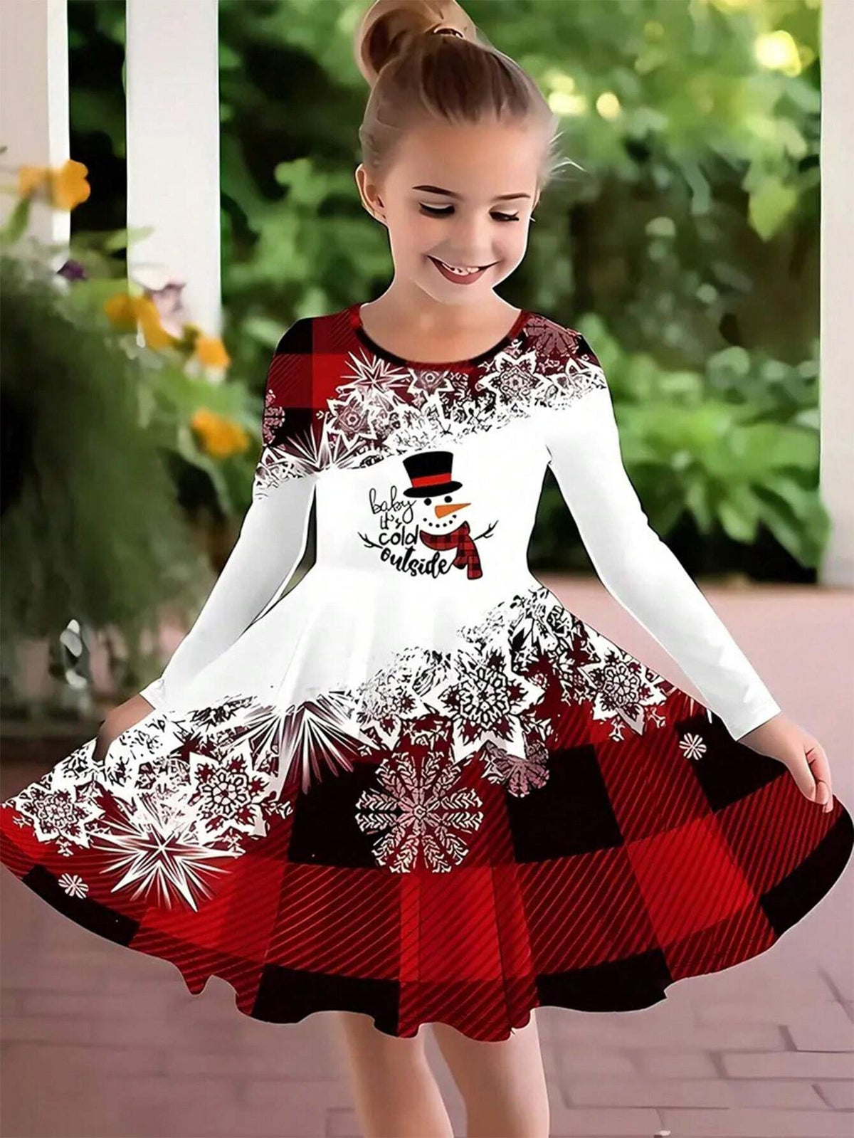 Spliced Snowman Graphics Long Sleeve Dress, Spring And Autumn Christmas Gifts For Girls