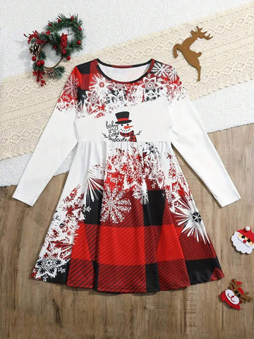 Spliced Snowman Graphics Long Sleeve Dress, Spring And Autumn Christmas Gifts For Girls