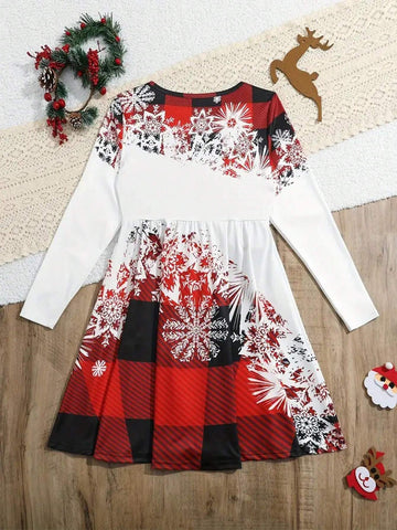 Spliced Snowman Graphics Long Sleeve Dress, Spring And Autumn Christmas Gifts For Girls