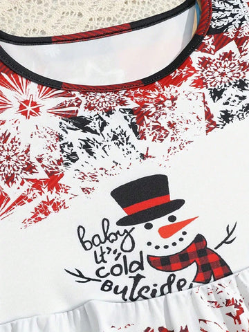 Spliced Snowman Graphics Long Sleeve Dress, Spring And Autumn Christmas Gifts For Girls