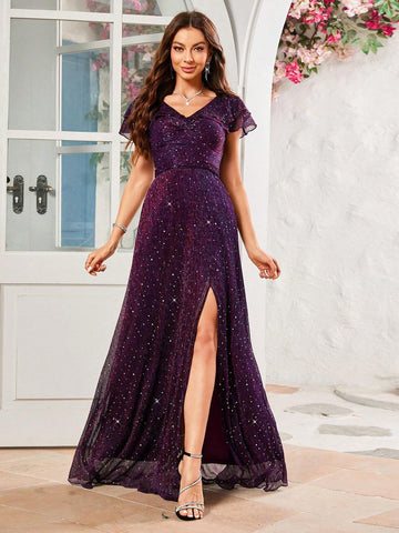Split Shiny Round Sequin Dress With Flutter Sleeve
