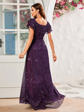 Split Shiny Round Sequin Dress With Flutter Sleeve